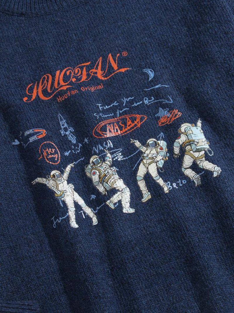 Miesten Astronaut Letter Print Crew Neck Neule Rento Villapaita