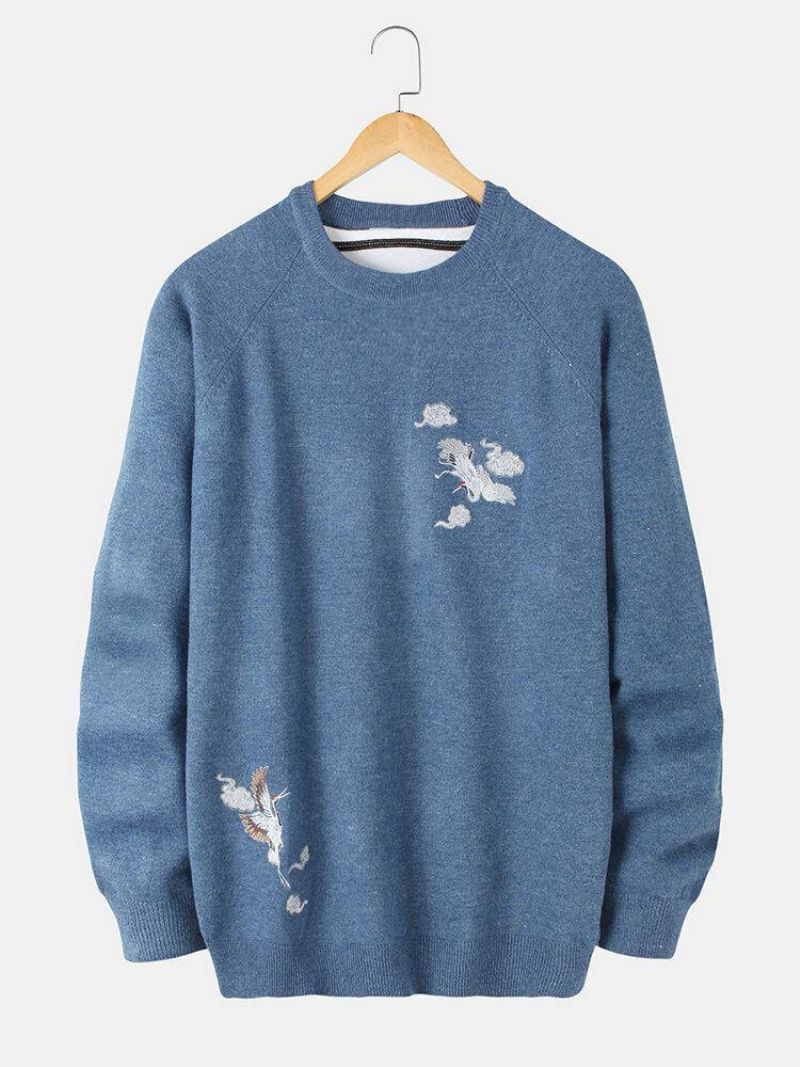 Miesten Chinoiserie Crane Brodeerattu Raglan Sleeve Lämpimät Neulepuserot