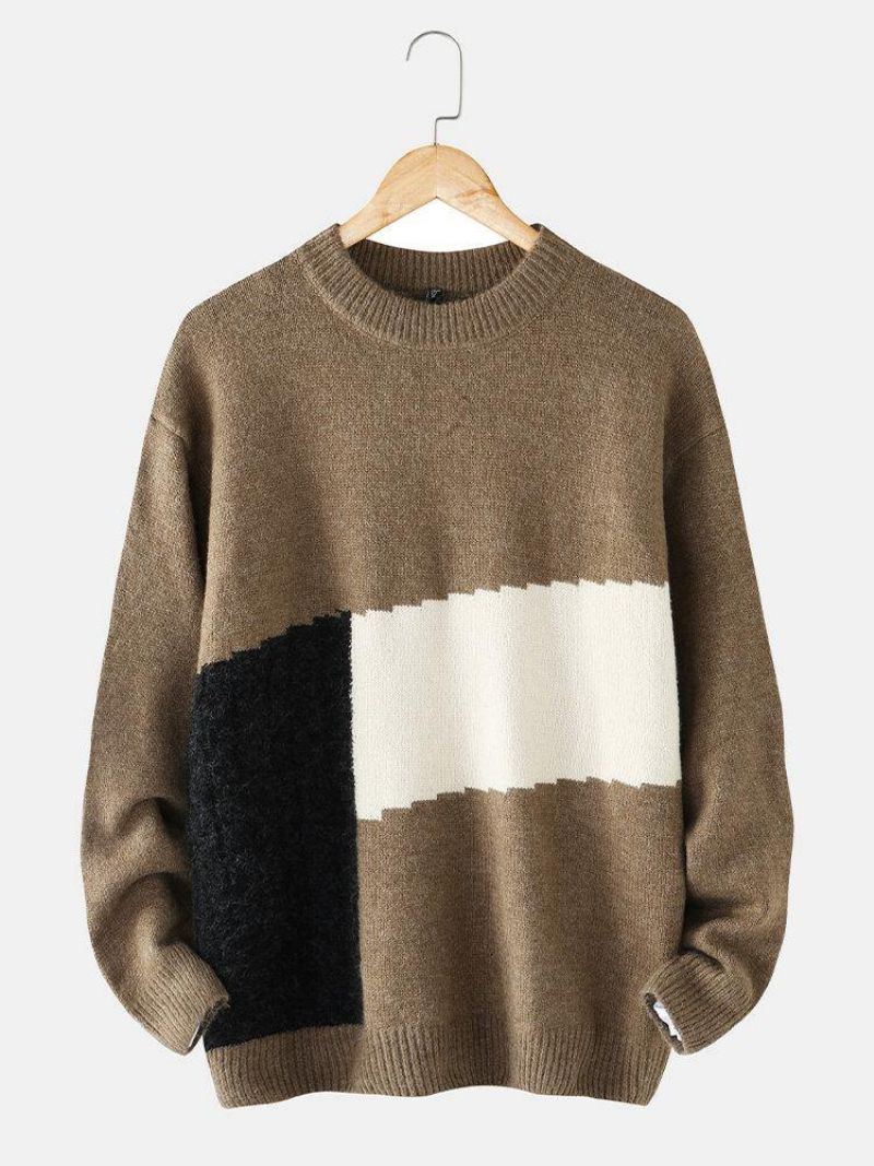 Miesten Värilliset Patchwork Crew Neck Neulepusero Rento Villapaita