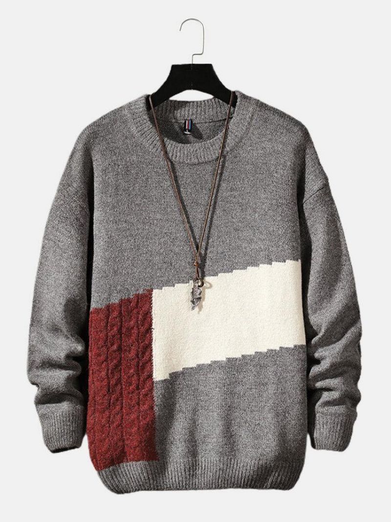 Miesten Värilliset Patchwork Crew Neck Neulepusero Rento Villapaita