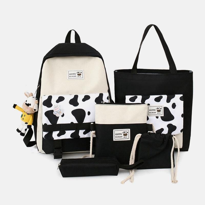 5 Kpl Canvas Preppy Cow Pattern Monitoiminen Yhdistelmälaukku Reppu Tote Crossbody Bag Kytkinlompakko