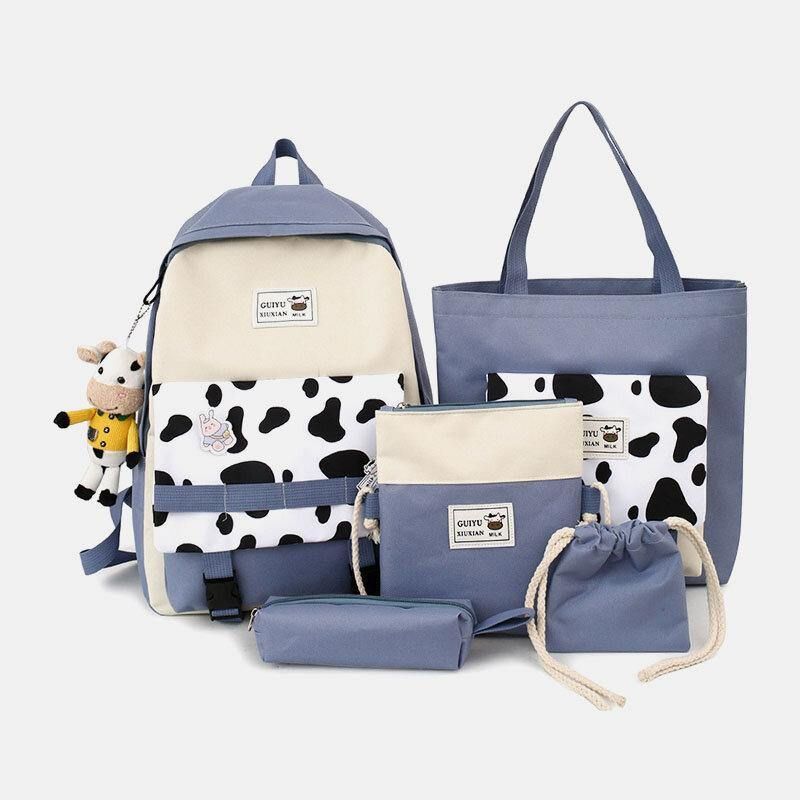 5 Kpl Canvas Preppy Cow Pattern Monitoiminen Yhdistelmälaukku Reppu Tote Crossbody Bag Kytkinlompakko