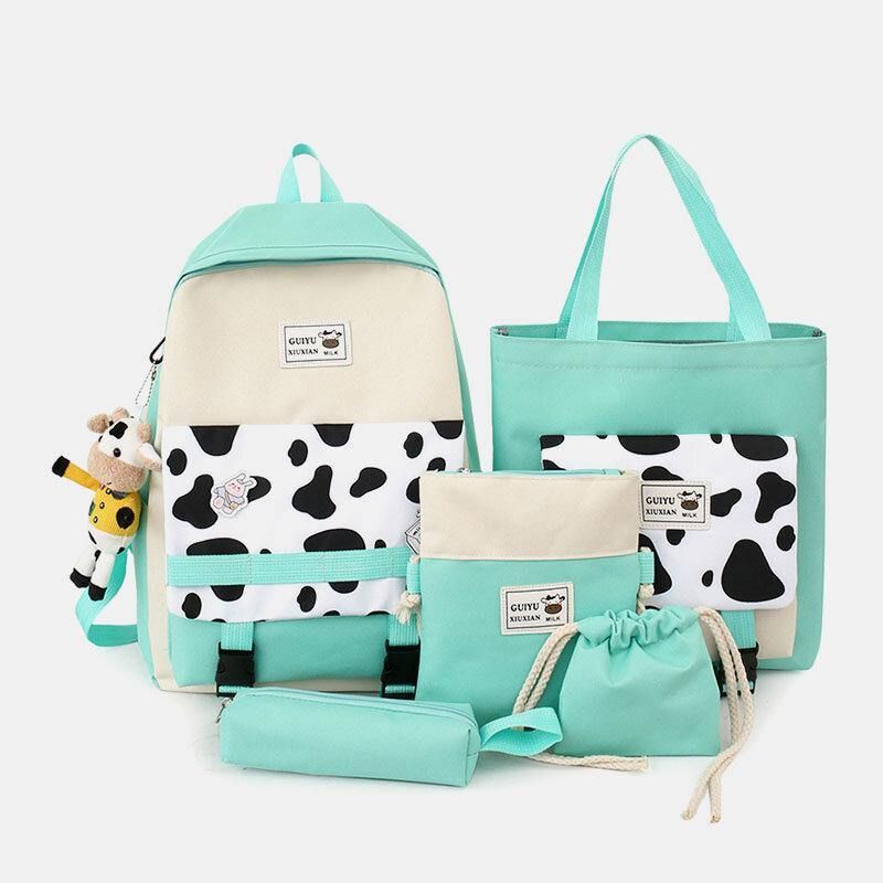 5 Kpl Canvas Preppy Cow Pattern Monitoiminen Yhdistelmälaukku Reppu Tote Crossbody Bag Kytkinlompakko