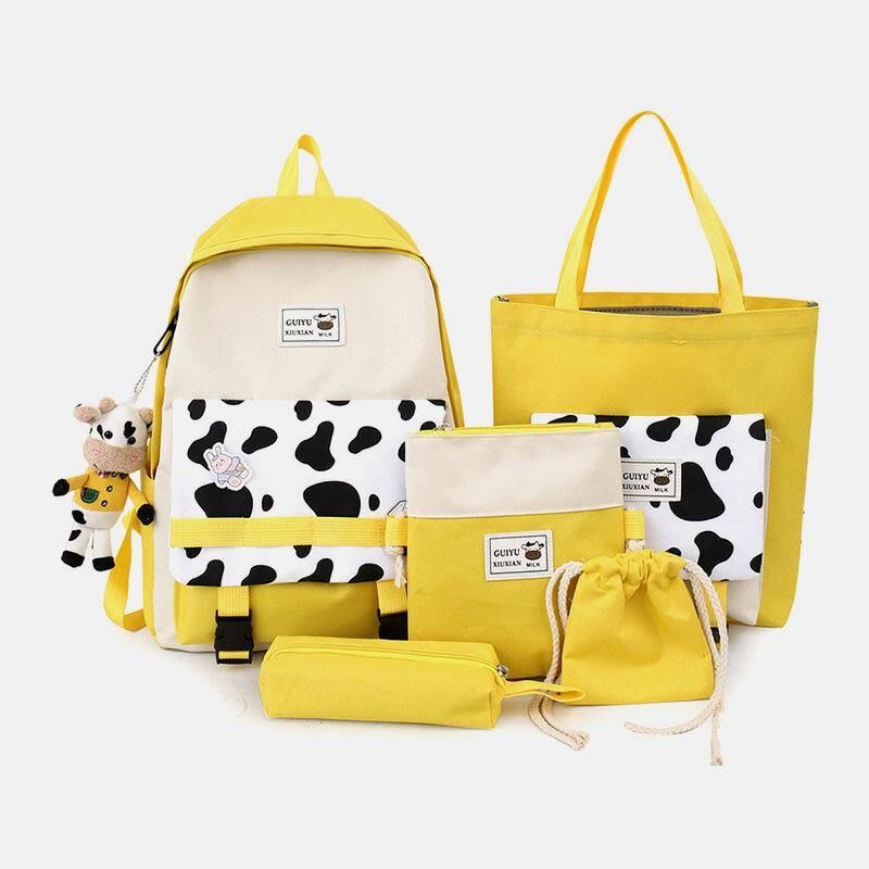 5 Kpl Canvas Preppy Cow Pattern Monitoiminen Yhdistelmälaukku Reppu Tote Crossbody Bag Kytkinlompakko