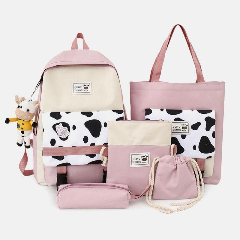 5 Kpl Canvas Preppy Cow Pattern Monitoiminen Yhdistelmälaukku Reppu Tote Crossbody Bag Kytkinlompakko