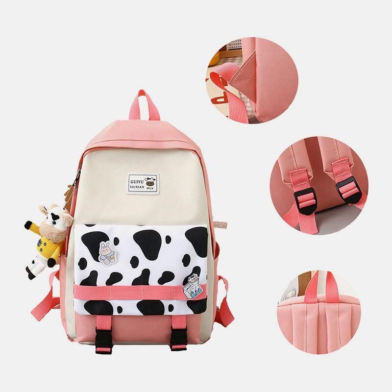 5 Kpl Canvas Preppy Cow Pattern Monitoiminen Yhdistelmälaukku Reppu Tote Crossbody Bag Kytkinlompakko