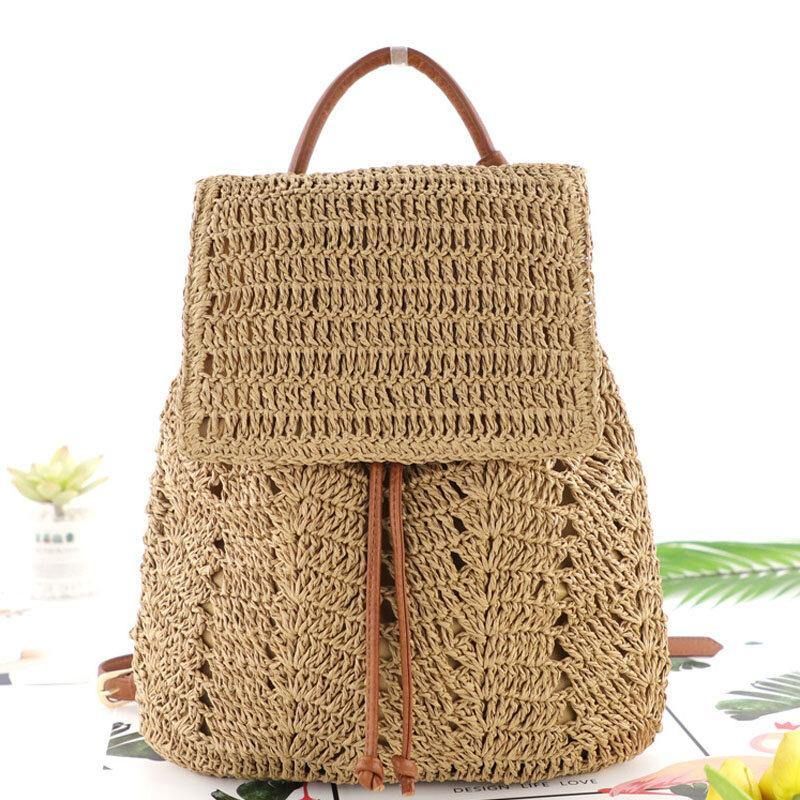 Naisten Mori Series String Straw Bag Kaksikäyttöinen Kudottu Laukku Retro Beach Bag Reppu