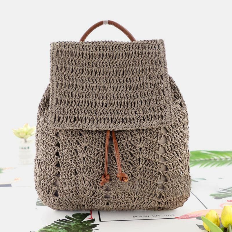 Naisten Mori Series String Straw Bag Kaksikäyttöinen Kudottu Laukku Retro Beach Bag Reppu