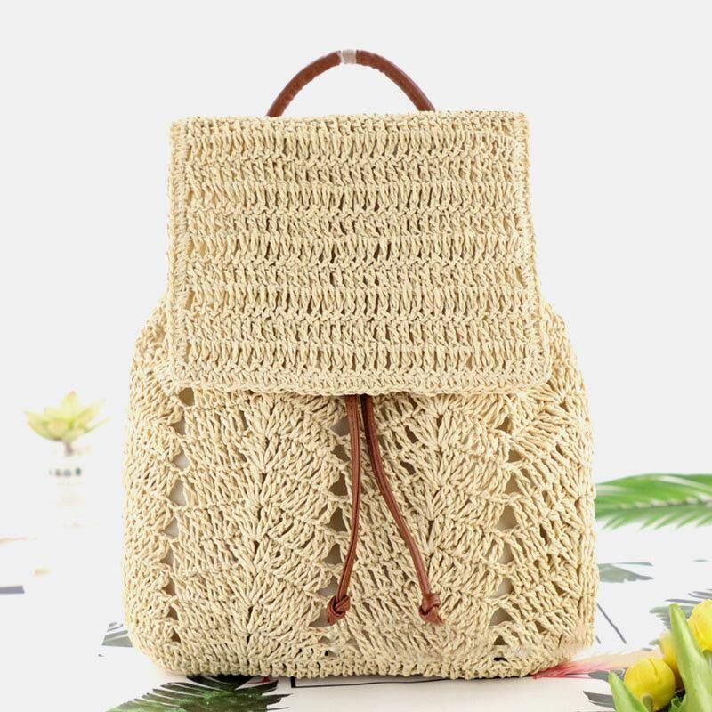 Naisten Mori Series String Straw Bag Kaksikäyttöinen Kudottu Laukku Retro Beach Bag Reppu