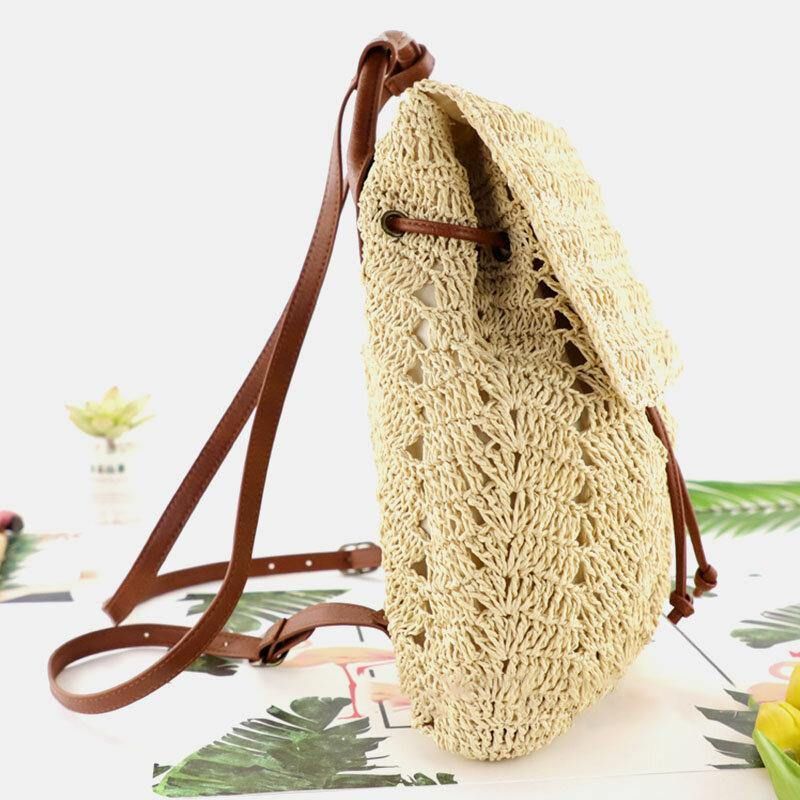 Naisten Mori Series String Straw Bag Kaksikäyttöinen Kudottu Laukku Retro Beach Bag Reppu