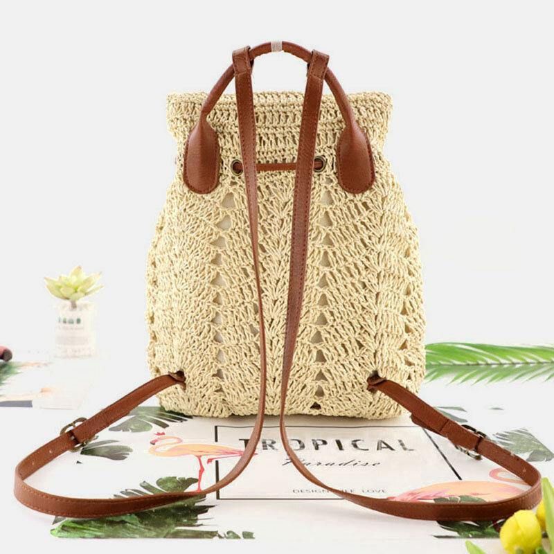 Naisten Mori Series String Straw Bag Kaksikäyttöinen Kudottu Laukku Retro Beach Bag Reppu