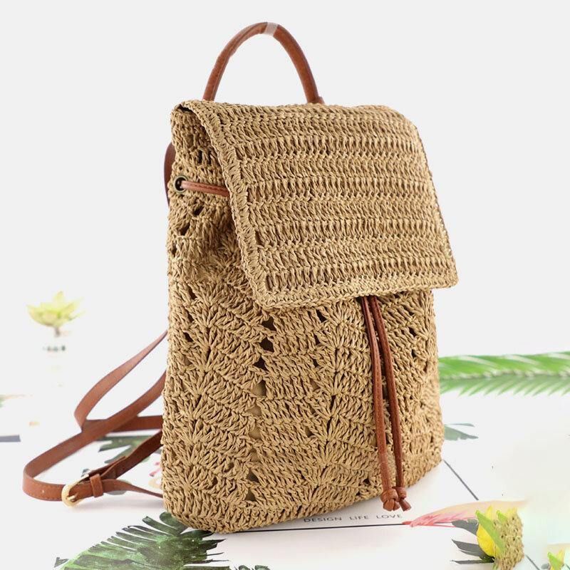 Naisten Mori Series String Straw Bag Kaksikäyttöinen Kudottu Laukku Retro Beach Bag Reppu