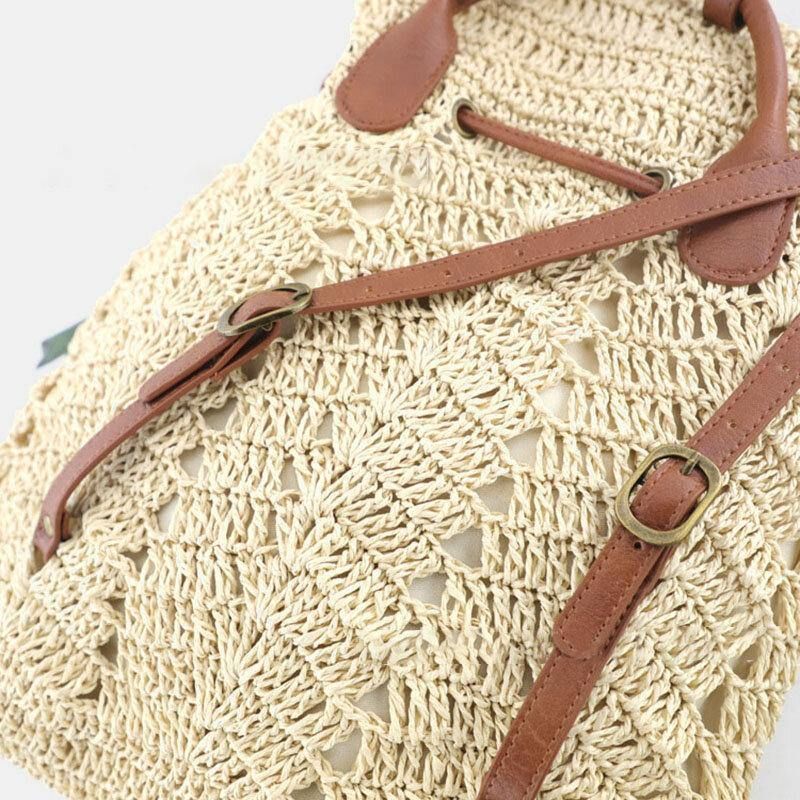 Naisten Mori Series String Straw Bag Kaksikäyttöinen Kudottu Laukku Retro Beach Bag Reppu