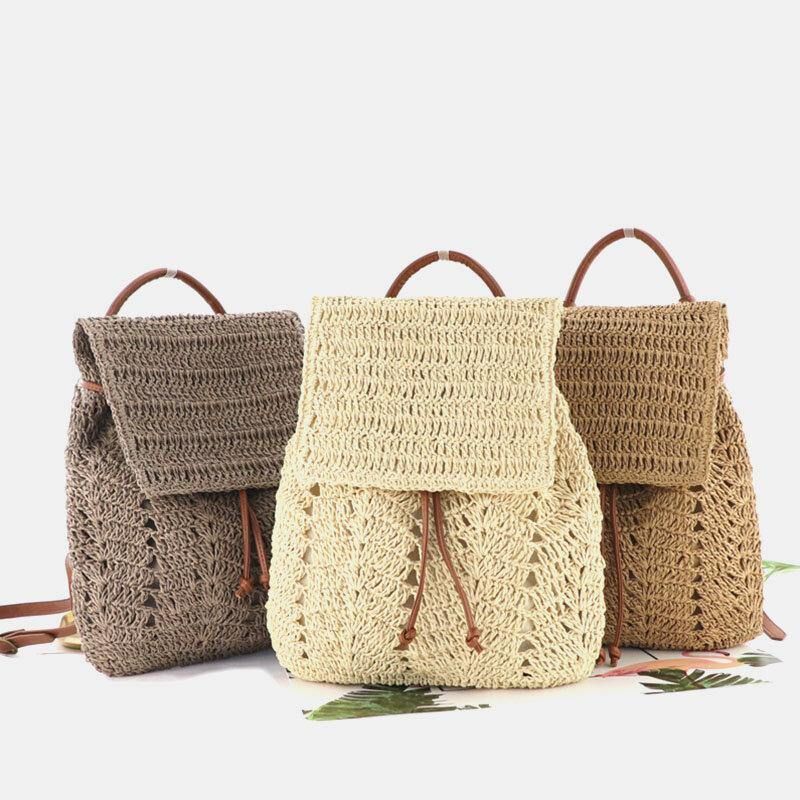 Naisten Mori Series String Straw Bag Kaksikäyttöinen Kudottu Laukku Retro Beach Bag Reppu