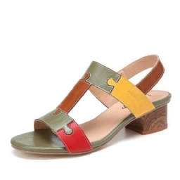 Color Block T-Hihna Avattu Toe Elastinen Band Chunky Heel Sandaalit