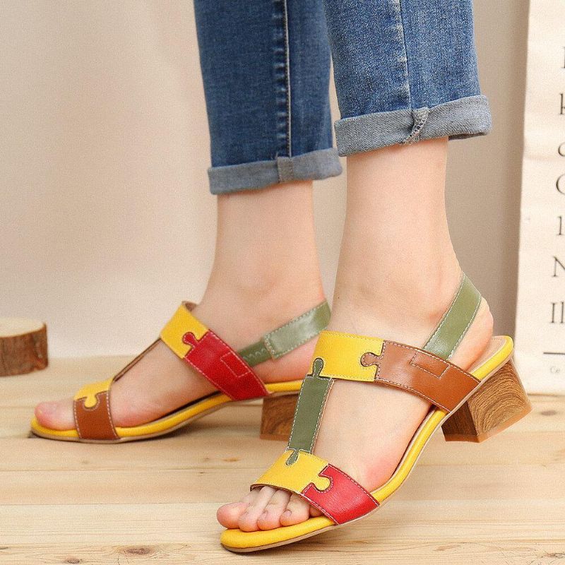 Color Block T-Hihna Avattu Toe Elastinen Band Chunky Heel Sandaalit