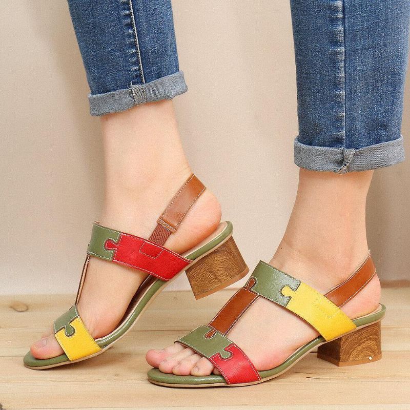 Color Block T-Hihna Avattu Toe Elastinen Band Chunky Heel Sandaalit