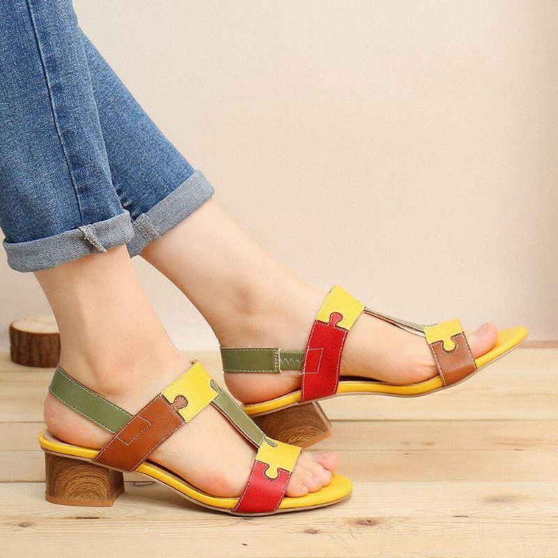 Color Block T-Hihna Avattu Toe Elastinen Band Chunky Heel Sandaalit