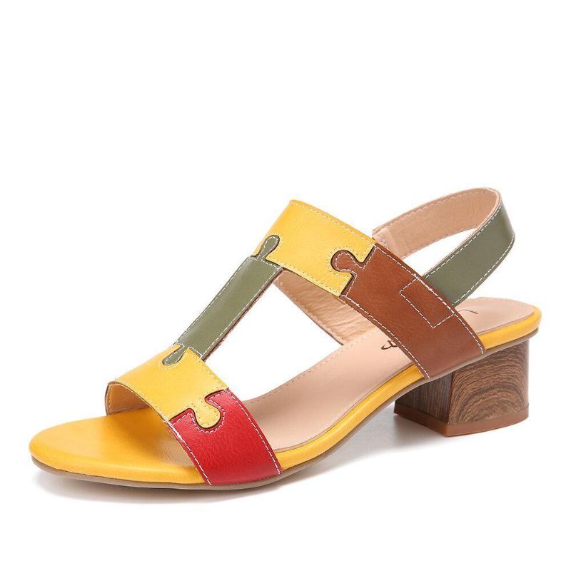 Color Block T-Hihna Avattu Toe Elastinen Band Chunky Heel Sandaalit