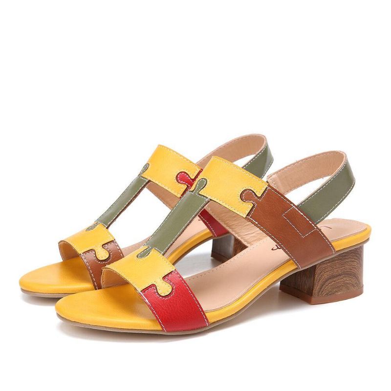 Color Block T-Hihna Avattu Toe Elastinen Band Chunky Heel Sandaalit