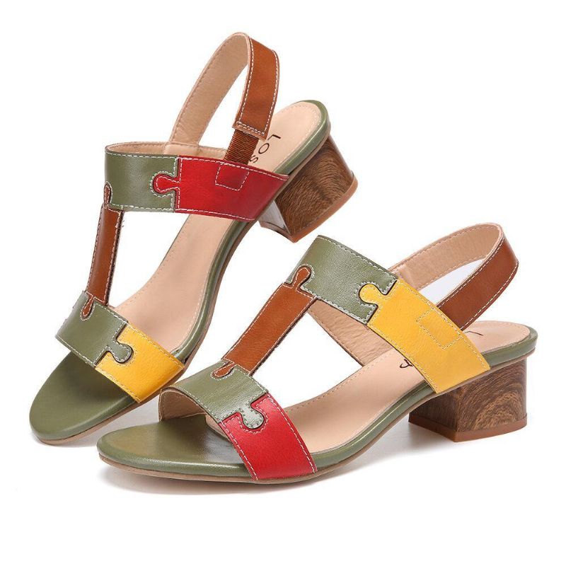 Color Block T-Hihna Avattu Toe Elastinen Band Chunky Heel Sandaalit