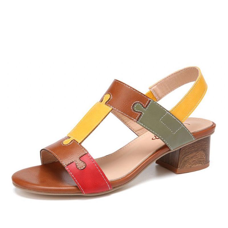 Color Block T-Hihna Avattu Toe Elastinen Band Chunky Heel Sandaalit