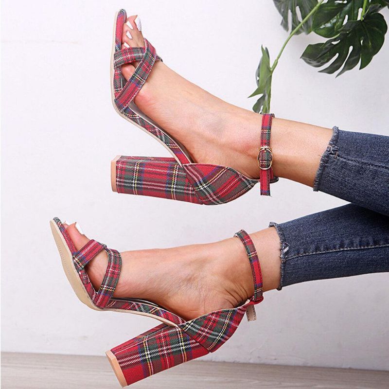 Naisten Plaid Cross Strap Lattice Decor Solki Korkeakorkoiset Sandaalit