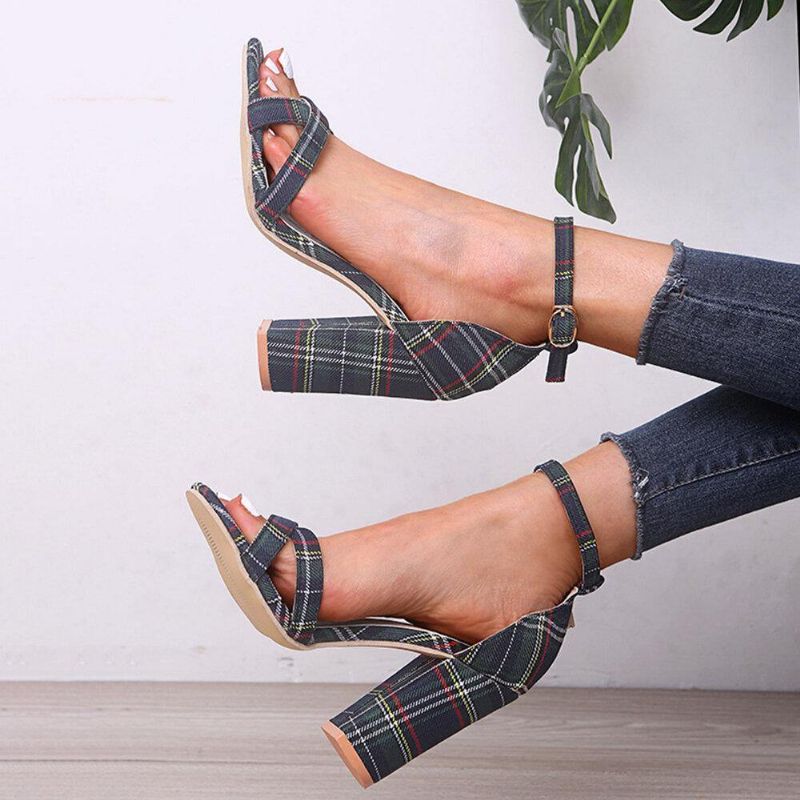 Naisten Plaid Cross Strap Lattice Decor Solki Korkeakorkoiset Sandaalit