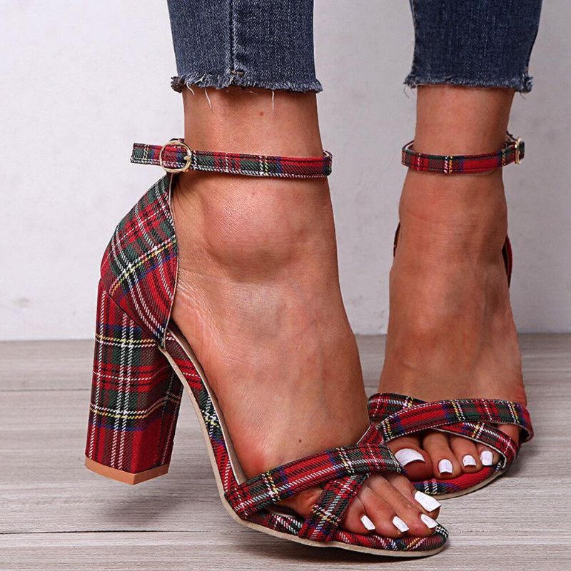 Naisten Plaid Cross Strap Lattice Decor Solki Korkeakorkoiset Sandaalit