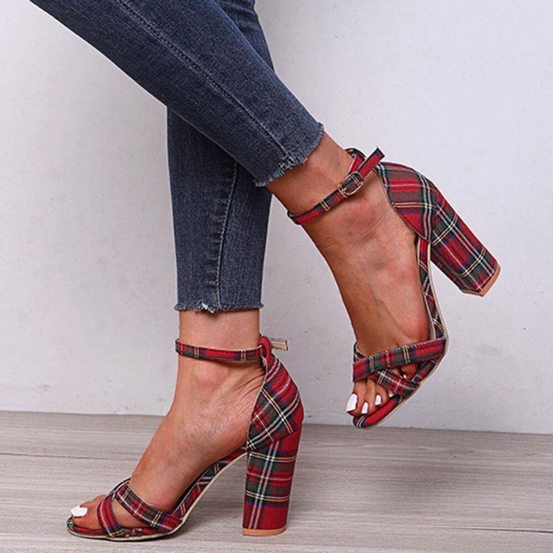 Naisten Plaid Cross Strap Lattice Decor Solki Korkeakorkoiset Sandaalit