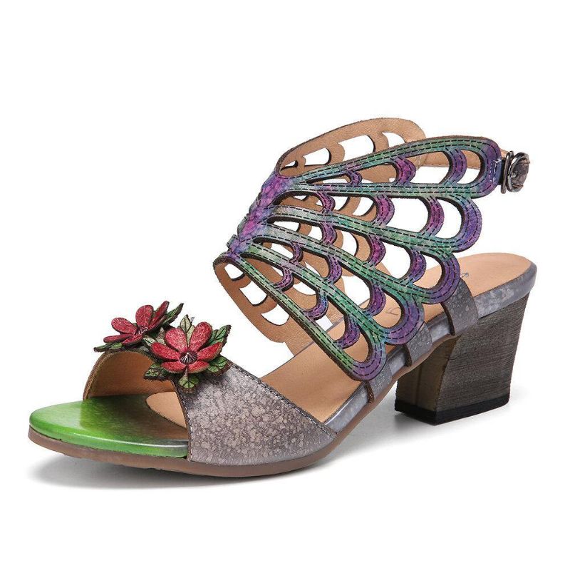 Ocofy Nahka Kukat Leikkaukset Butterfly Wings Solki Slingback Block Heel Sandaalit