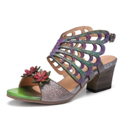 Ocofy Nahka Kukat Leikkaukset Butterfly Wings Solki Slingback Block Heel Sandaalit