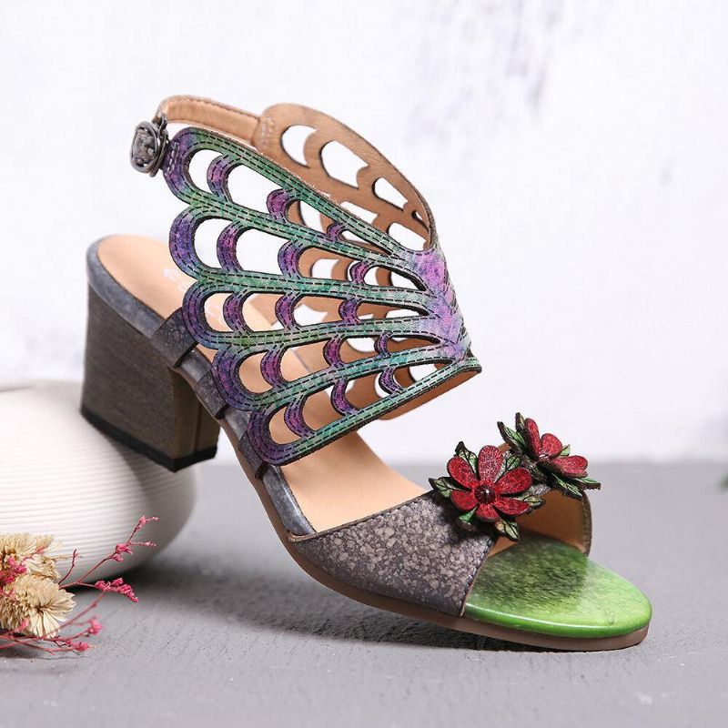 Ocofy Nahka Kukat Leikkaukset Butterfly Wings Solki Slingback Block Heel Sandaalit