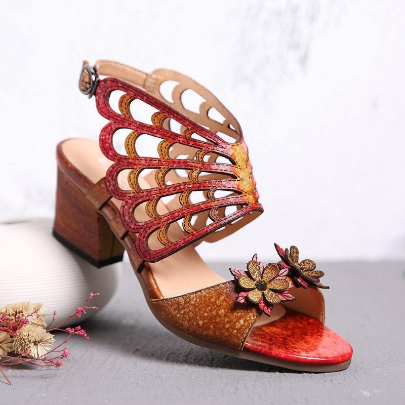 Ocofy Nahka Kukat Leikkaukset Butterfly Wings Solki Slingback Block Heel Sandaalit