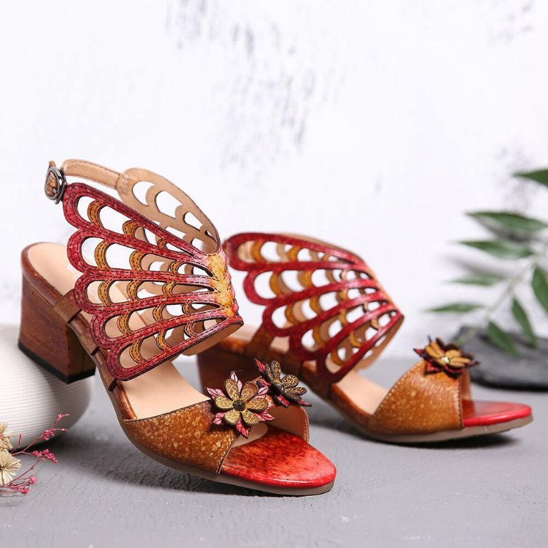 Ocofy Nahka Kukat Leikkaukset Butterfly Wings Solki Slingback Block Heel Sandaalit