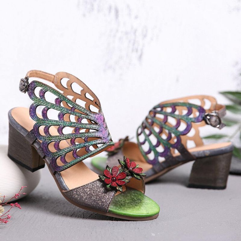 Ocofy Nahka Kukat Leikkaukset Butterfly Wings Solki Slingback Block Heel Sandaalit