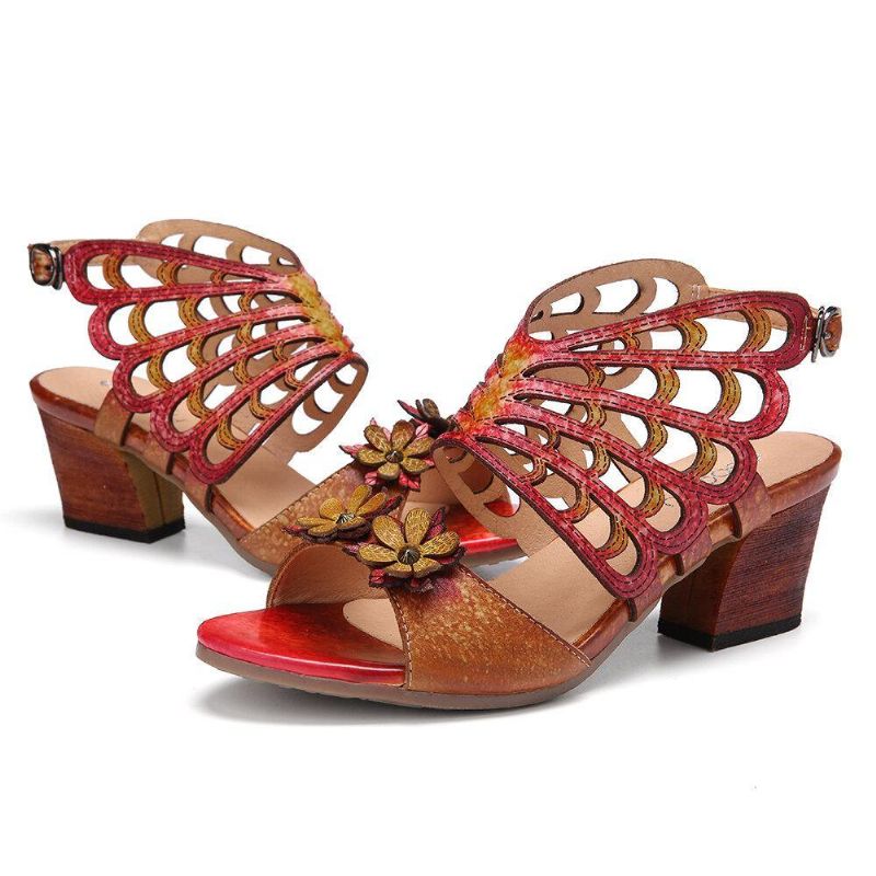 Ocofy Nahka Kukat Leikkaukset Butterfly Wings Solki Slingback Block Heel Sandaalit