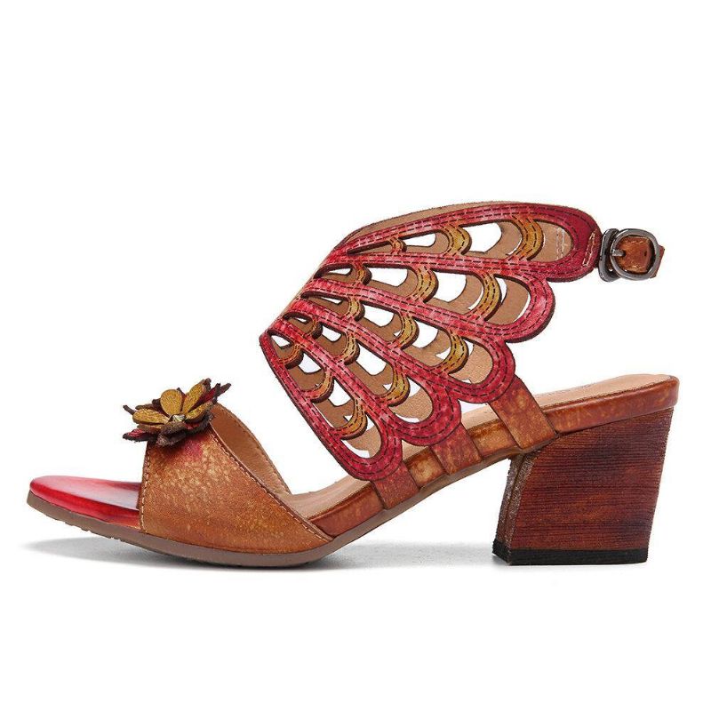 Ocofy Nahka Kukat Leikkaukset Butterfly Wings Solki Slingback Block Heel Sandaalit