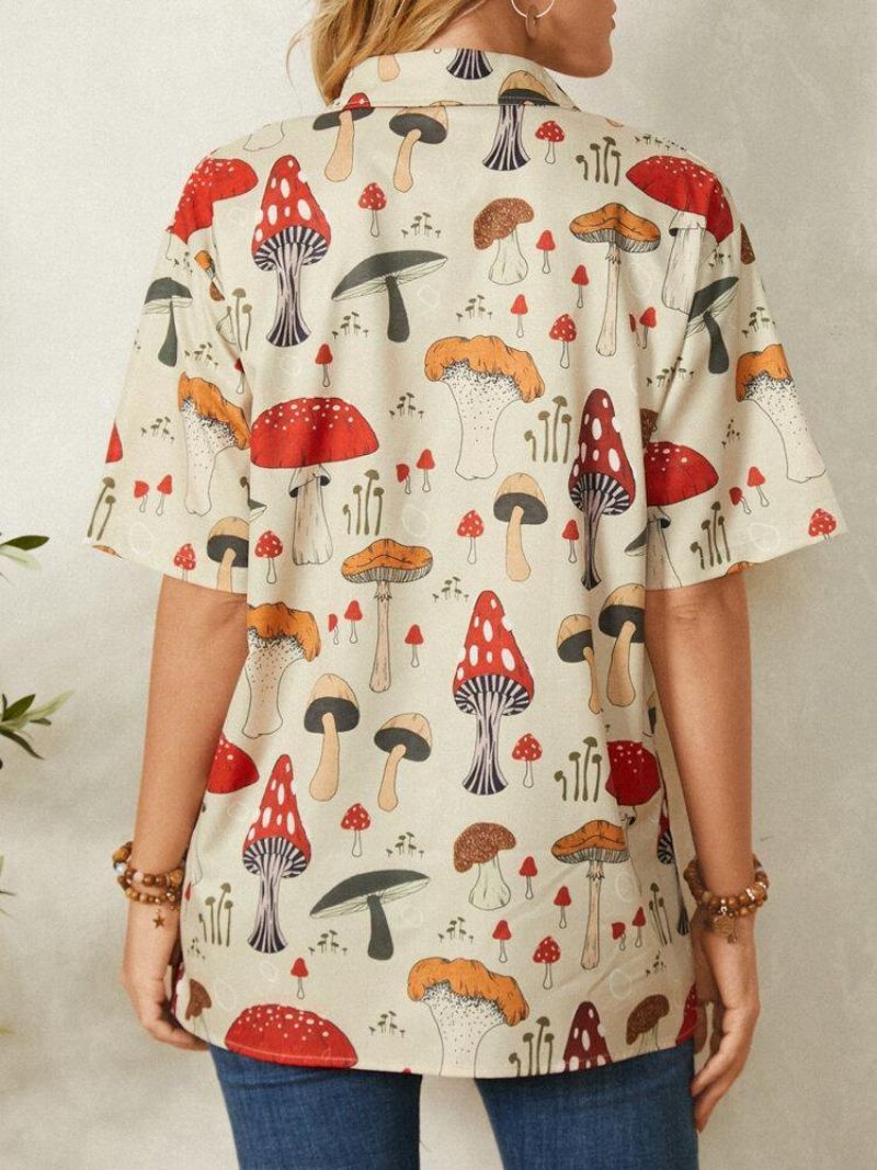 Casual Mushroom Print Rintaneulakaulus Puolihihainen Painikepusero Naisille