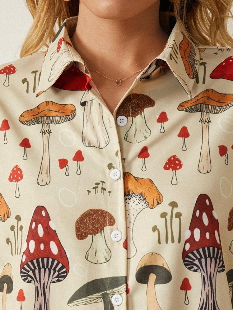 Casual Mushroom Print Rintaneulakaulus Puolihihainen Painikepusero Naisille