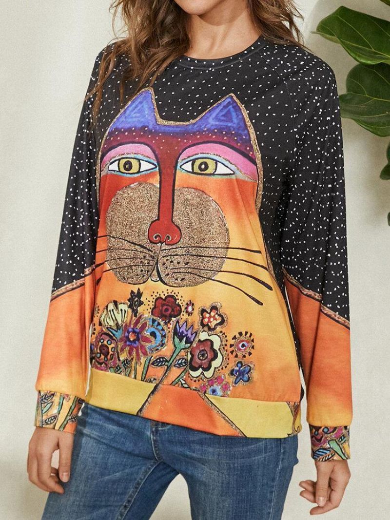 Naisten Sarjakuva Cat Spot Print Pyöreäkaula-Aukkoinen Rento Raglan Sleeve Puserot