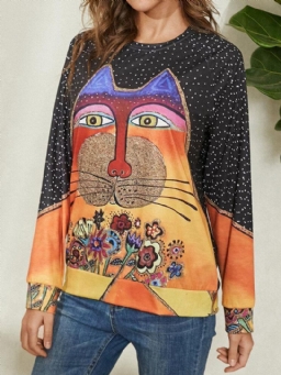 Naisten Sarjakuva Cat Spot Print Pyöreäkaula-Aukkoinen Rento Raglan Sleeve Puserot