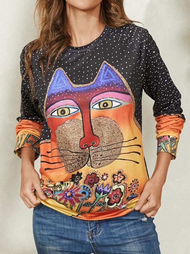 Naisten Sarjakuva Cat Spot Print Pyöreäkaula-Aukkoinen Rento Raglan Sleeve Puserot