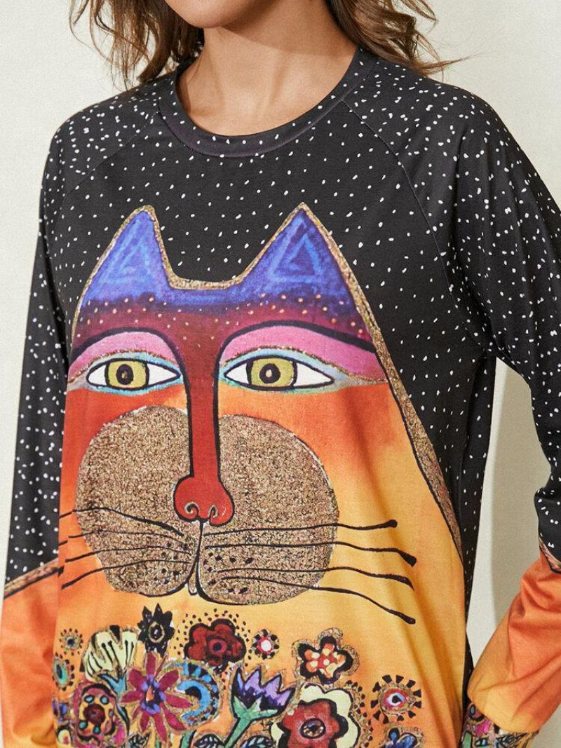 Naisten Sarjakuva Cat Spot Print Pyöreäkaula-Aukkoinen Rento Raglan Sleeve Puserot