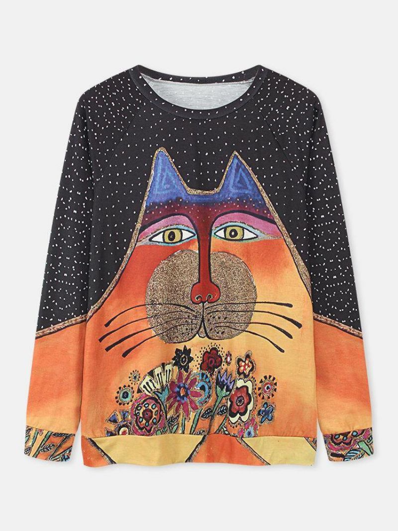 Naisten Sarjakuva Cat Spot Print Pyöreäkaula-Aukkoinen Rento Raglan Sleeve Puserot