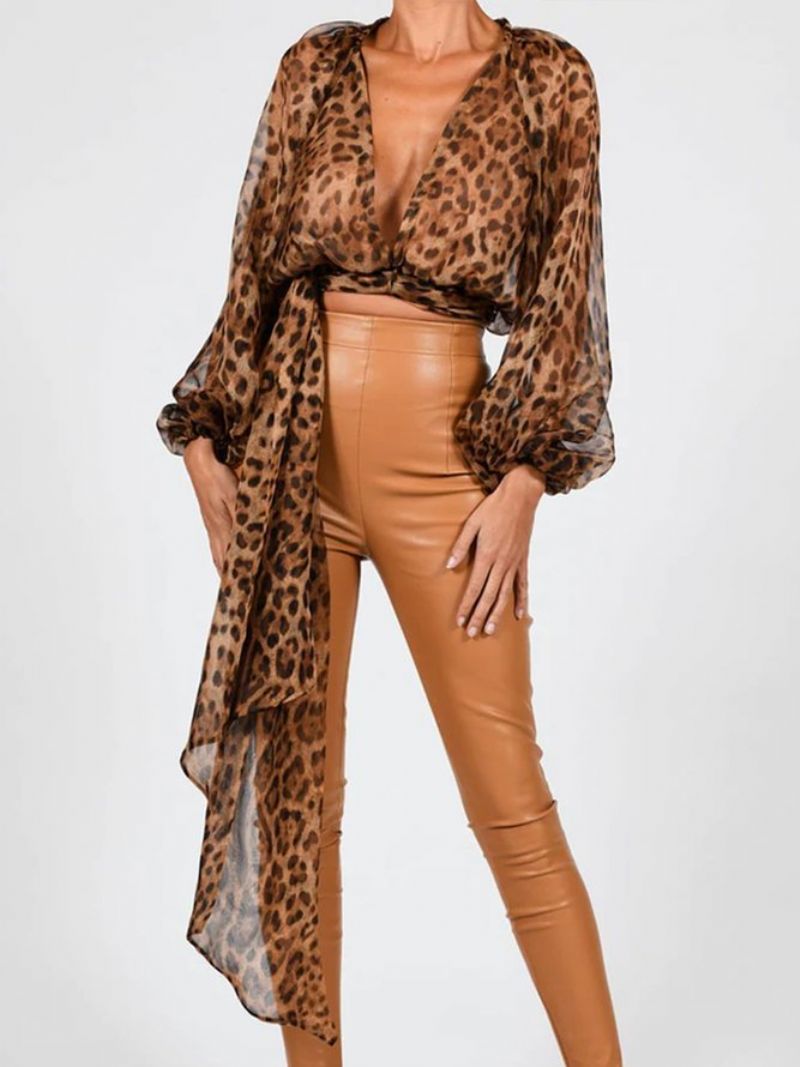 Pitkähihainen Fit High Waist Leopard Urban Chiffon Top