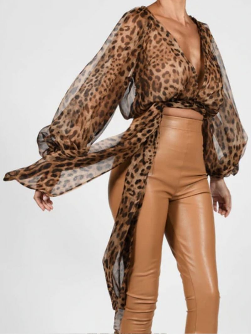 Pitkähihainen Fit High Waist Leopard Urban Chiffon Top