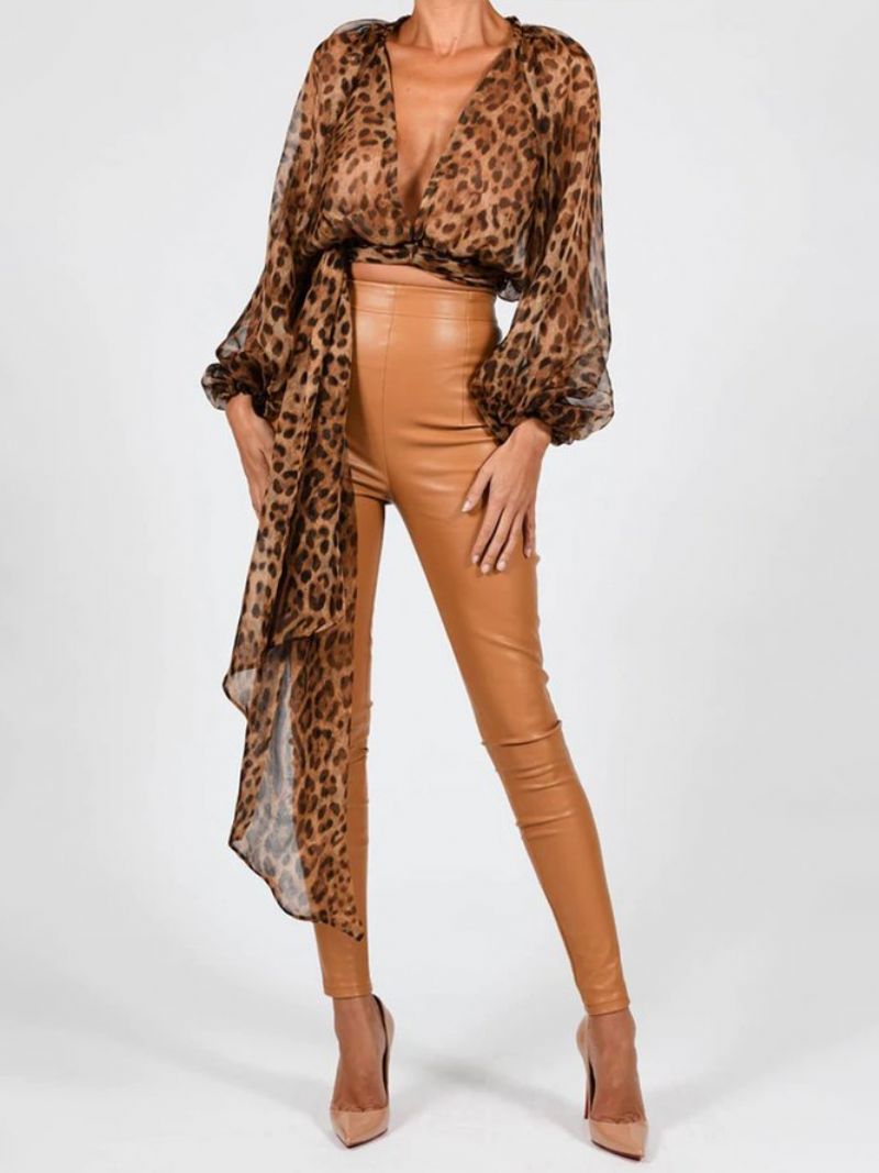 Pitkähihainen Fit High Waist Leopard Urban Chiffon Top