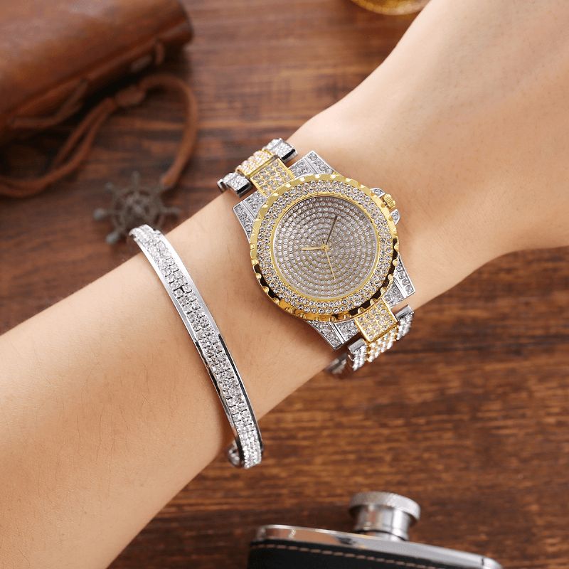 2Kpl Fashion Luxury Full Diamond Steel Band Quartz Watch Punk Tekojalokivirannerengassetti