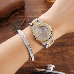 2Kpl Fashion Luxury Full Diamond Steel Band Quartz Watch Punk Tekojalokivirannerengassetti